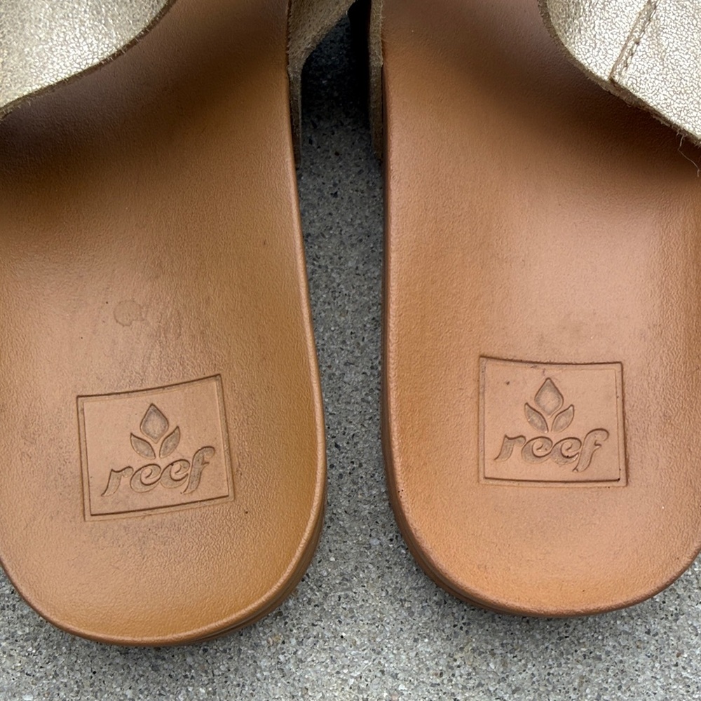 Reef Metallic Gold Double Strap Slide Sandals with Brown Footbed - Picture 2 of 5
